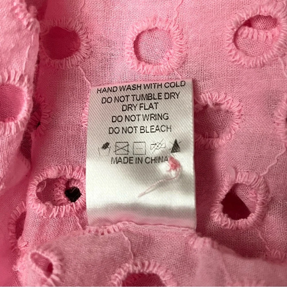 Lena Pink Sheer Eyelet Crochet Button Up Blouse Barbie Preppy Coastal M Y2k - Picture 7 of 12
